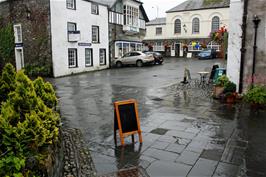 Hawkshead village square, on a very wet morning