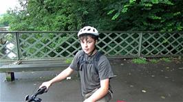 Lawrence on the Caton Lune Bridge, explaining how he had to race back to Starbucks to retrieve his helmet in Lancaster