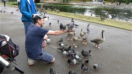 Michael feeds the birds by the Boating Lake in Regent's Park