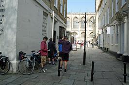 Dillan and Michael meet up with the rest of the group near Bath Abbey after their tour of the Roman Baths