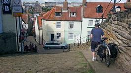 Michael negotiates the steep street that lead from the hostel to Henrietta Street, Whitby