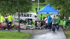 Vehicles line up for the Olabil NM 2017 annual children's Gravity Car race in Torshovdalen, Oslo