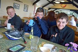 John, George and Dillan in the Carnewas Tea Room, Bedruthan Steps