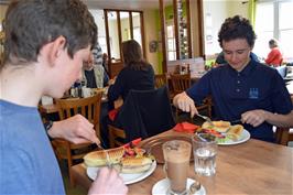 George and Jude tuck into lunch at the Foxtor Café, Princetown
