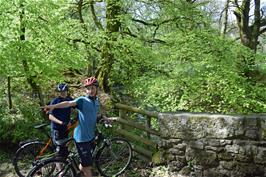 Dillan and George at the Clapper Bridge over the River Bovey near Neadon