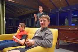Dillan, George and Will in the common room at Voss youth hostel