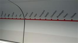 Photo of the station map on the train from Bergen to Voss, showing the stations we will be passing tomorrow to Mjølfjell