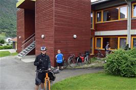Dillan outside our sleeping block at Sogndal youth hostel