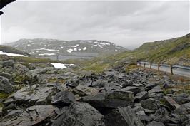 A very cold, very wet view of Øvre Hervavatnet, taken from the shelter of an overhanging rock at 1392m