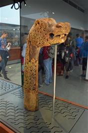 One of five unique, carved animal heads found in the Oseberg grave