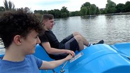 Jude and Dillan get the hang of the pedal boat on Regent's Park Boating Lake