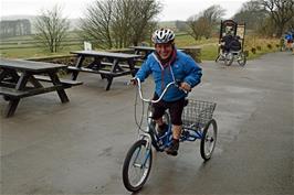 John tests the shopping trike at Parsley Hay Cycle Hire