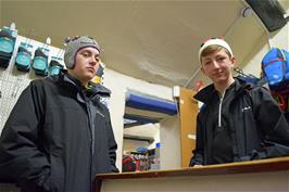 George and Dillan try on the funny hats in Go Outdoors, Hathersage