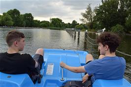Dillan and Jude pedal hard on the Regents Park Boating Lake
