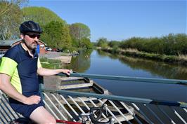 Tao at Countess Wear Bridge, Exeter, with the Exe Cycle Trail on the far bank of the canal