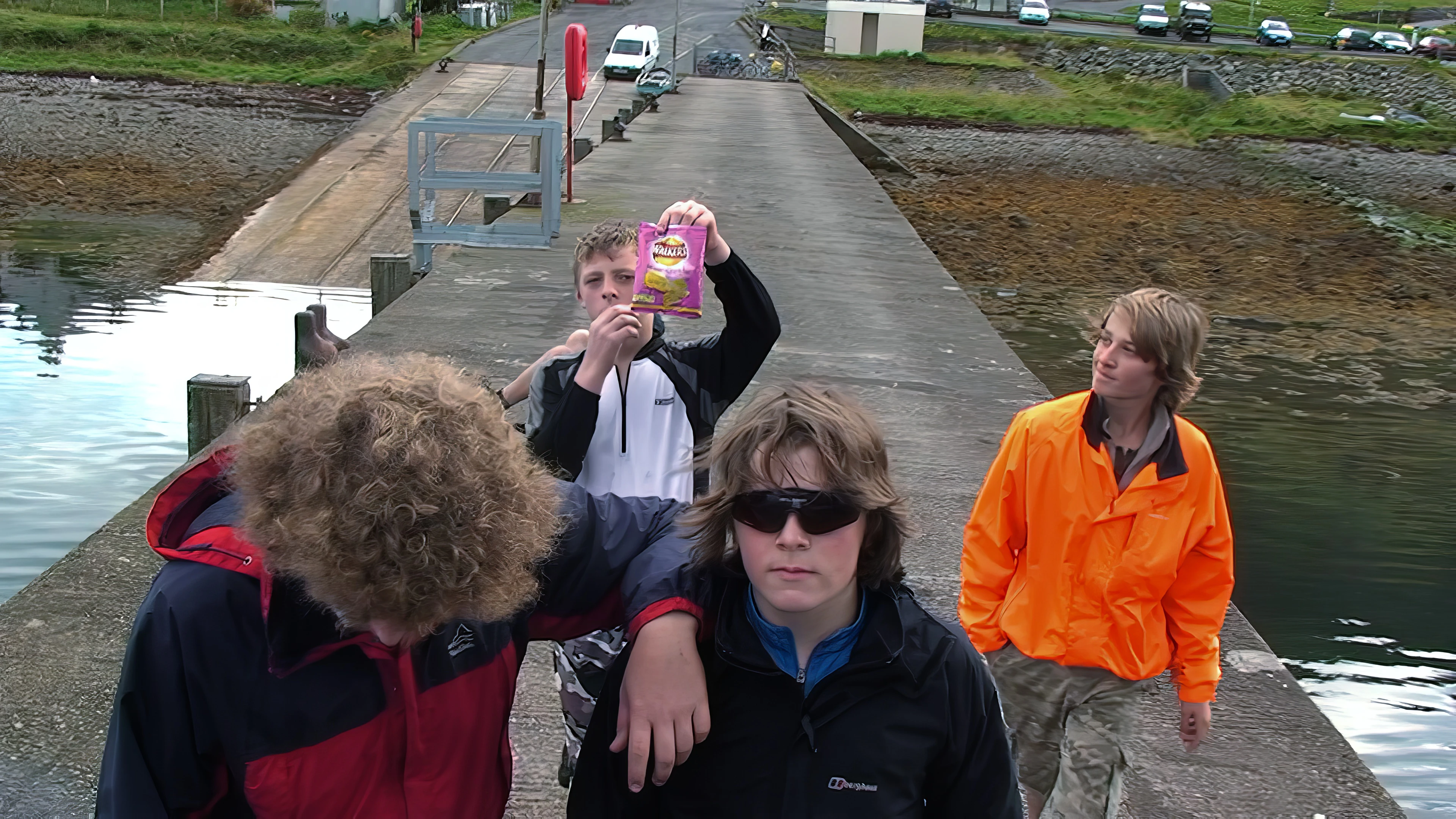 The group at Sconser Quay; Ryan frets about a caterpillar crawling up his trousers.