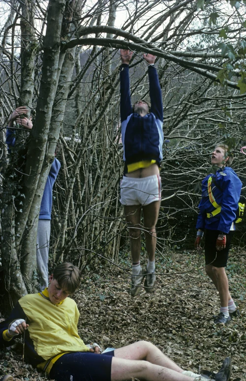Larking about on the railway path towards Topsham Bridge: Michael, Andrew, Steve and Simon.