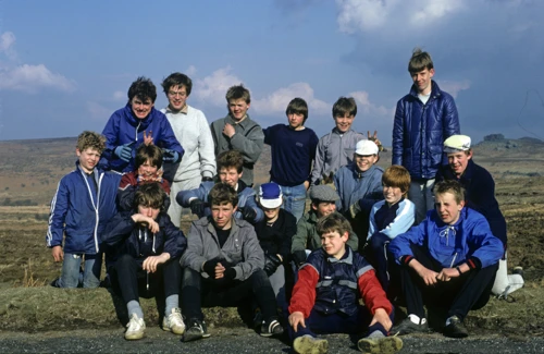 Group at the Bonehill Rocks–Hemsworthy Gate junction, Saddle Tor beyond, just after David’s freewheel mishap. Back: John, Mark Moxham, Paul Williams, Luke, Steve Hughes, Mark Williams. Middle: Warren, Philip Drew, Jono, Stephen Parry, Brett, Philip Mills, Andrew Simmons. Front: Daniel, Paul Palmer, Simon and Andrew Lawson.