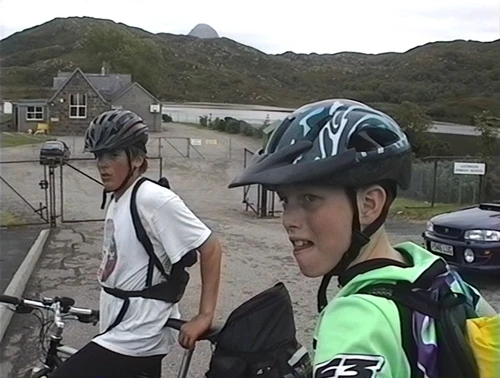Luke and Dominic at Lochinver Primary, almost surrounded by Loch Culag.