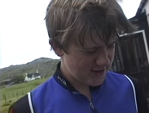 Gavin recounts his jellyfish sting for the camera at Achmelvich Youth Hostel.
