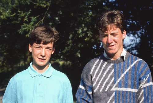 Chris and Michael Hall at Carlisle Youth Hostel, squinting into the sunshine.