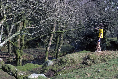 Simon Hopper sizes up the dead branch over Glaze Brook on the open moor near Owley.