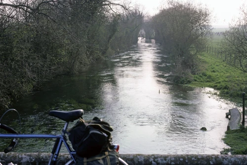 River Allen crossing at Brockington Farm, near Wimborne St Giles. Michael's Mercian rests on the bridge wall.