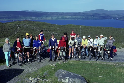 The group with the warden outside Raasay youth hostel, overlooking Skye and the Sound of Raasay