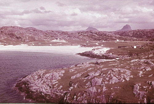 A purchased slide of Achmelvich beach with the hostel in the distance