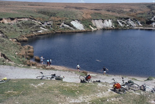 Our youngsters larking about by the lake beside the Redlake tramway at Leftlake Mires.