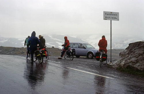 Group at the summit—1434m, 20.5 miles—the highest road in Norway. Coats on after the rain.