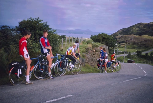 Outside Garramore Youth Hostel, ready for the 5-mile ride to Mallaig. Skye lies across the Sound of Sleat.