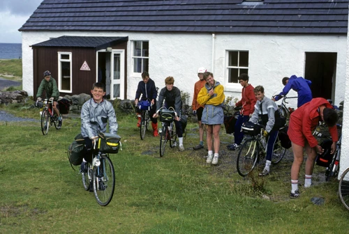 The group outside Achmelvich Youth Hostel on a wet, blustery morning.