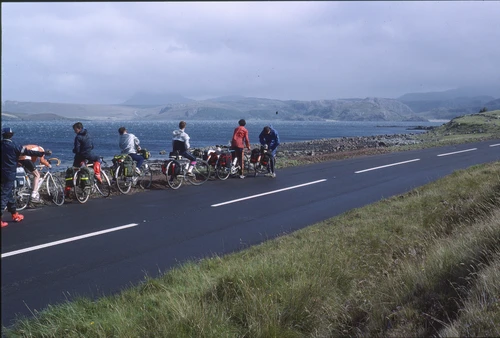 Blown sideways at Laide: first glimpse of Gruinard Bay. Little Gruinard ahead, Gruinard Island left; 17 miles in.