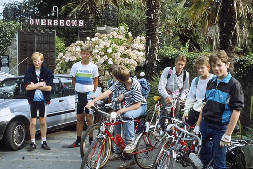 The group ready to roll outside Salcombe Youth Hostel. Richard, Mark, Martyn, Luke, Mark L, Paul and Mark S.
