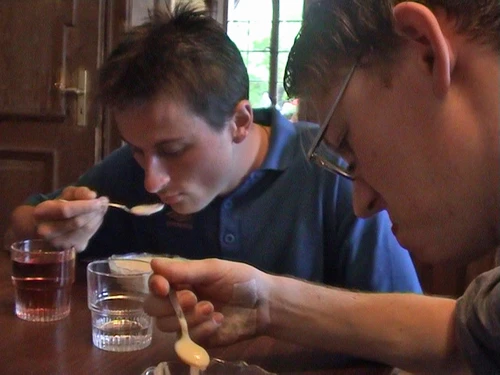 Dessert: a lumpy egg-milk-peach custard. Odd, but tasty.