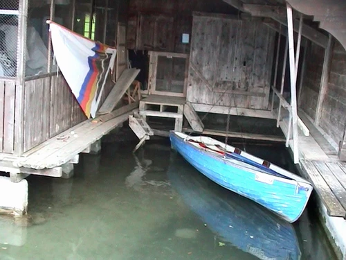 The hostel’s private boathouse in the grounds; our boat awaits.