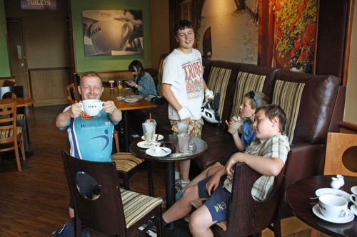 Enjoying a very welcome stop in Costa, Old George Mall, Salisbury.