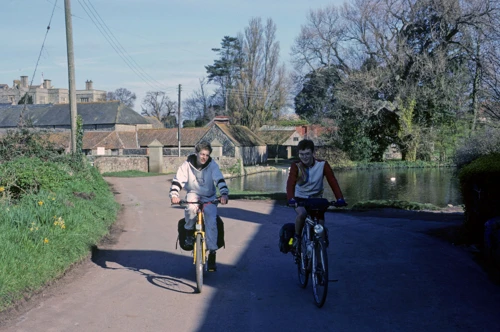 Warren Masters and Simon Hopper riding away from the duck pond at East Quantoxhead.
