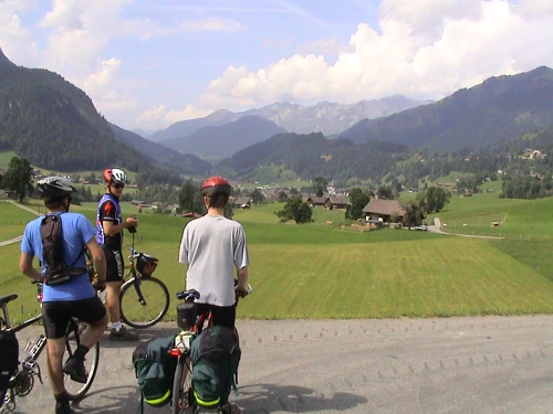 View back towards Saanen from the start of the big Gstaad climb, near Gruben. 10.6 miles in.