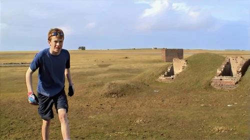 Joe by the derelict bulk fuel storage installation on Davidstow Moor.