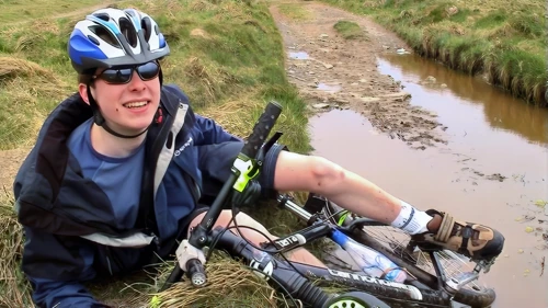 Shortcut to Tintagel Castle ends with Joe failing to unclip either foot from his new SPDs.