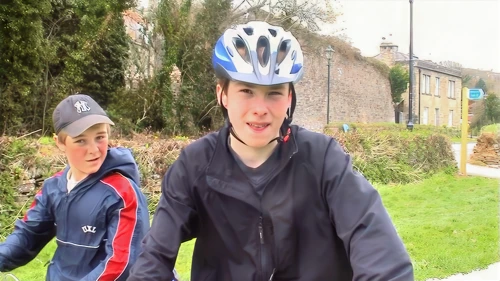 Josh and Joe outside Bodmin Jail, Camel Trail Bodmin end—19.5 miles in.