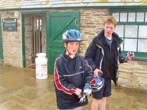 Josh and Joe in the mist leaving the café at Bedruthan Steps.