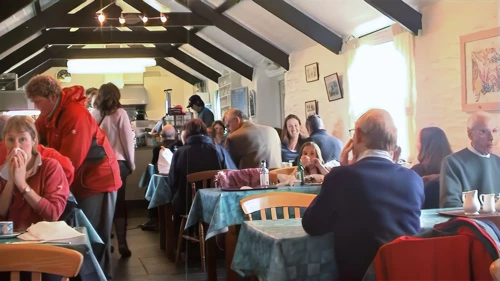 Cramped but cosy Carnewas Tearoom, Bedruthan Steps (National Trust), 12.6 miles in.