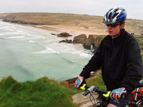 Joe by the hostel, overlooking Perranporth Beach.