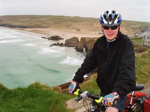 Joe near the hostel, overlooking Perranporth Beach.