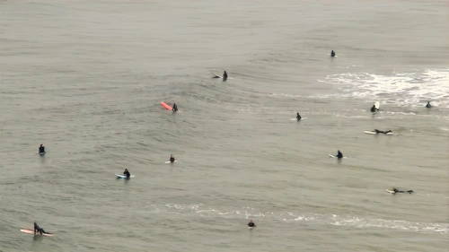 Loads of surfers at Perranporth, seen from near the hostel.