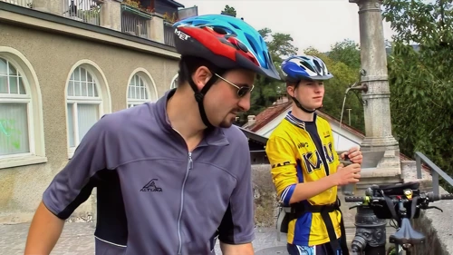 Tao and Joe on Route 5 at Rathausgasse, Baden, 8.7 miles in.