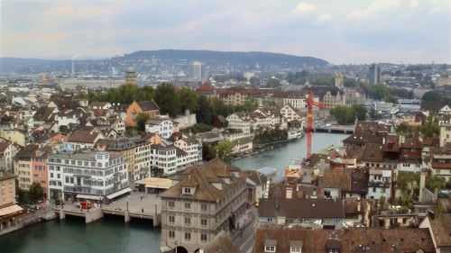 View back to the city centre from a Zurich Cathedral tower.